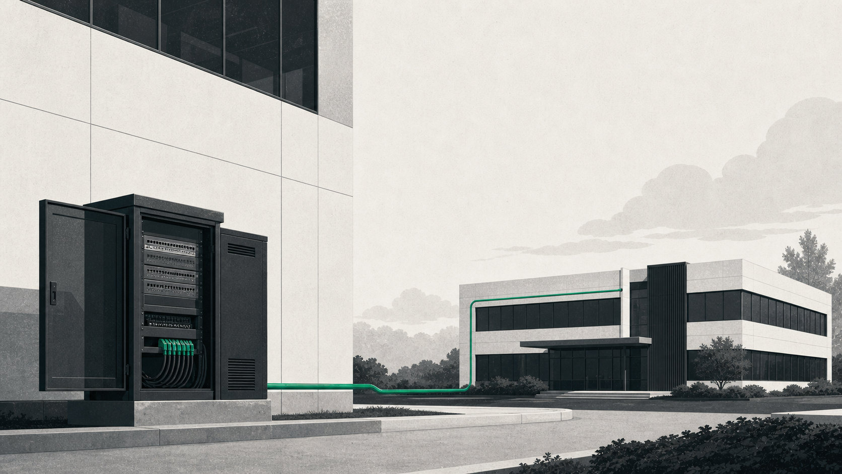 Editorial illustration of enterprise network equipment connecting two business sites