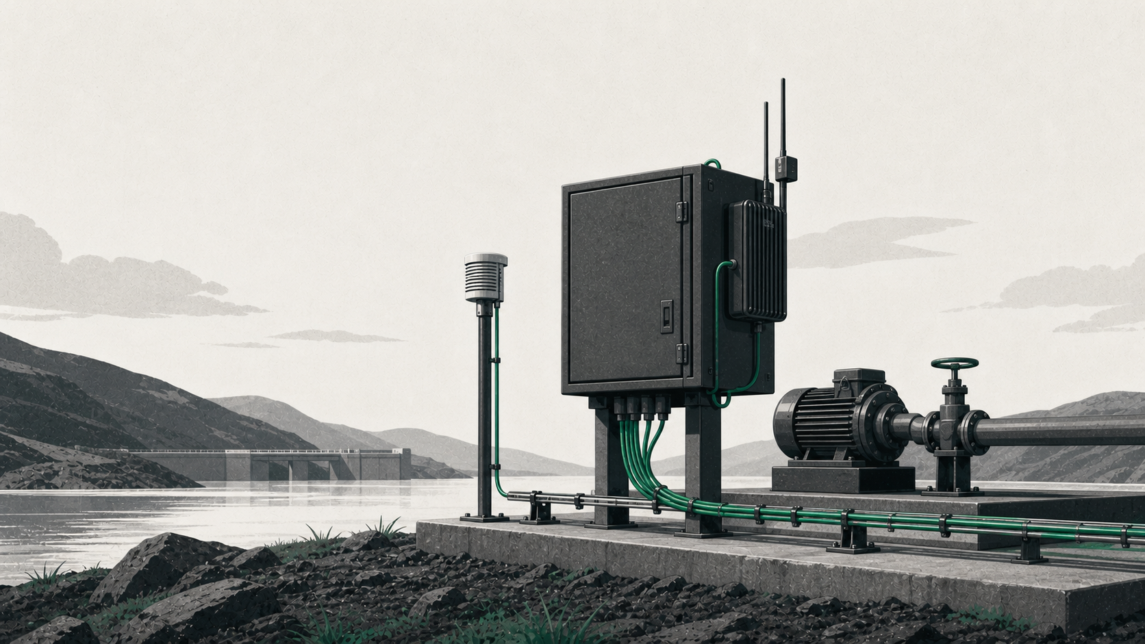 Editorial illustration of a connected industrial gateway, sensor, and field asset