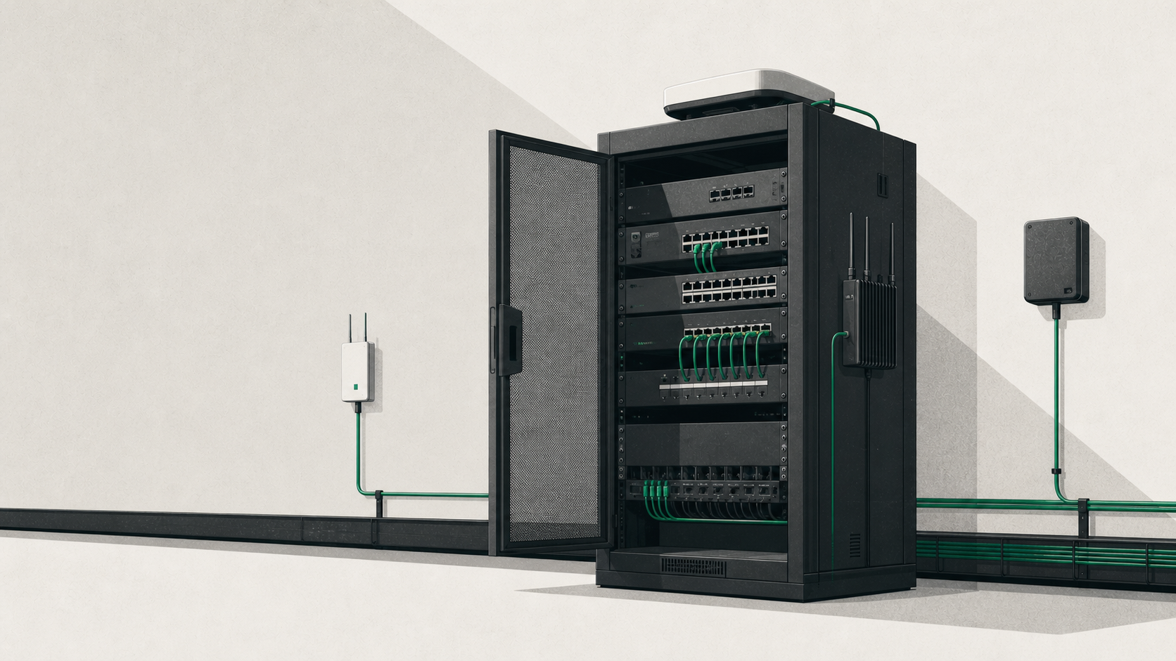 Editorial illustration of network and telecommunications equipment in a controlled staging environment