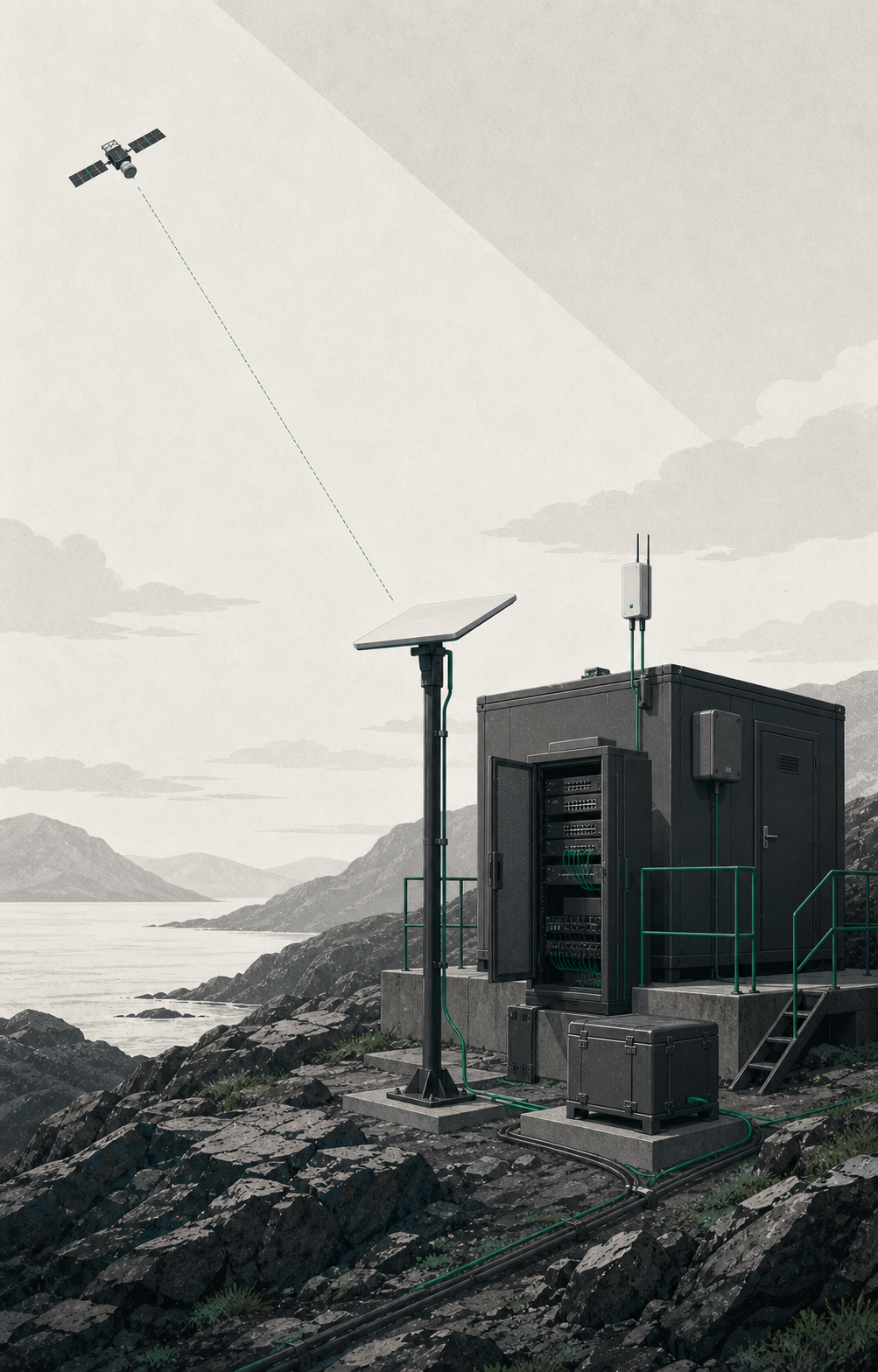 Editorial illustration of a coordinated remote connectivity site with a flat-panel satellite terminal, edge-network cabinet, local wireless equipment, and protected power infrastructure