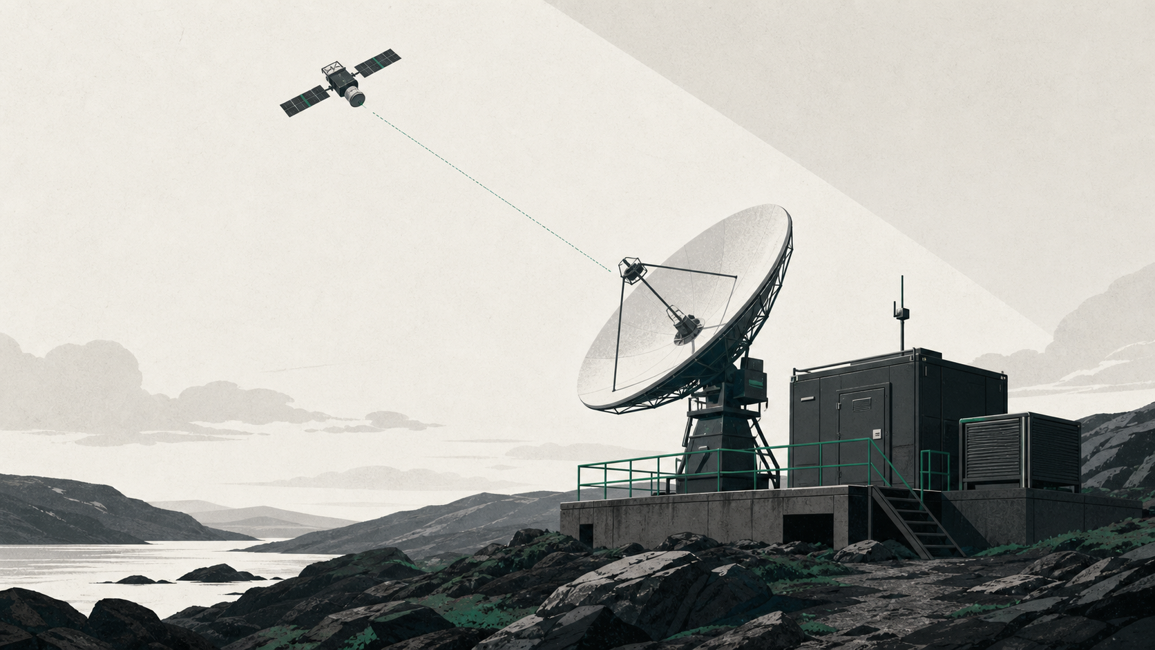 Editorial illustration of a satellite communications terminal at a remote infrastructure site
